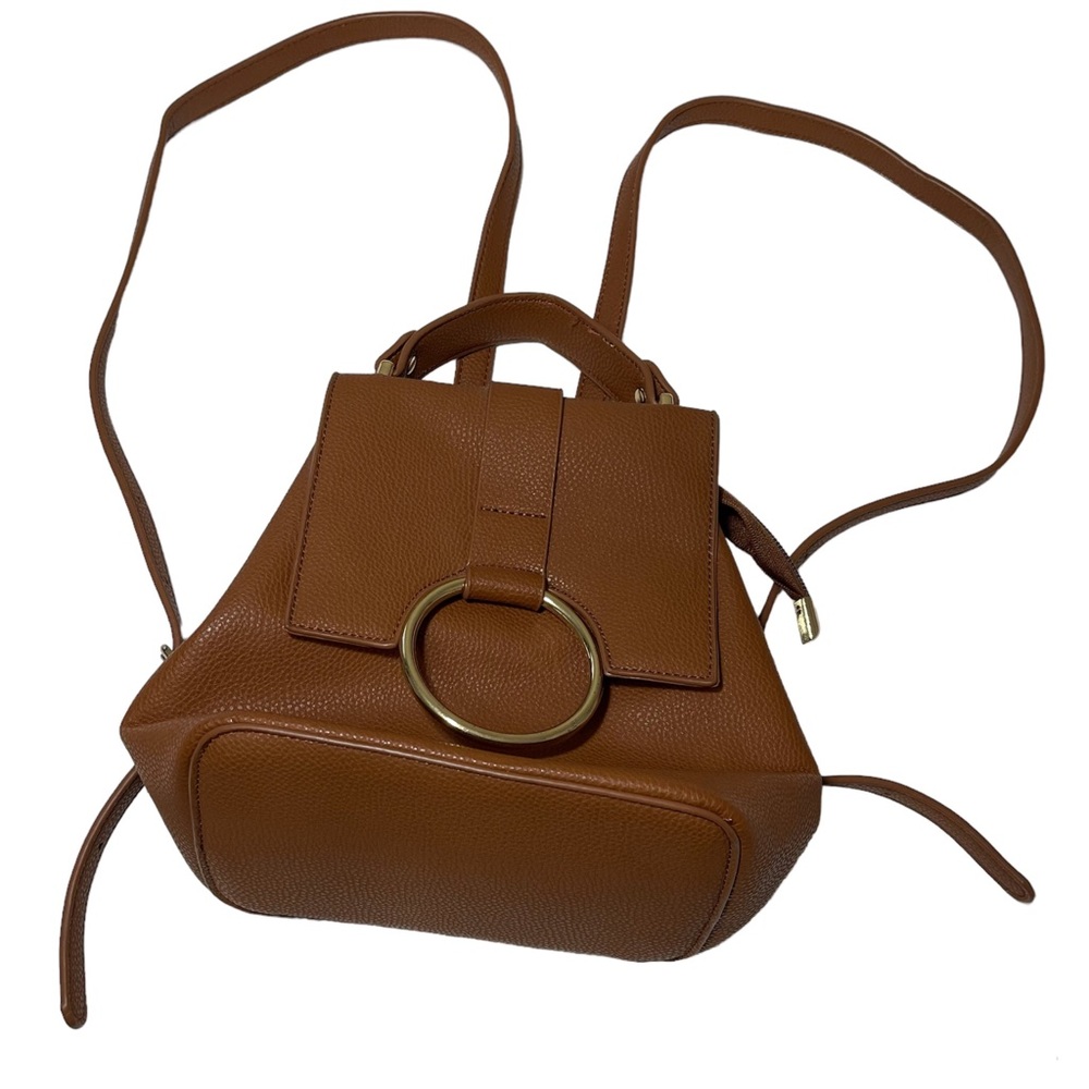 Compact Tan Pebble Leather Backpack with Gold Ring Detail